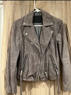 AllSaints Grey Suede Asymmetrical Zip Moto Jacket